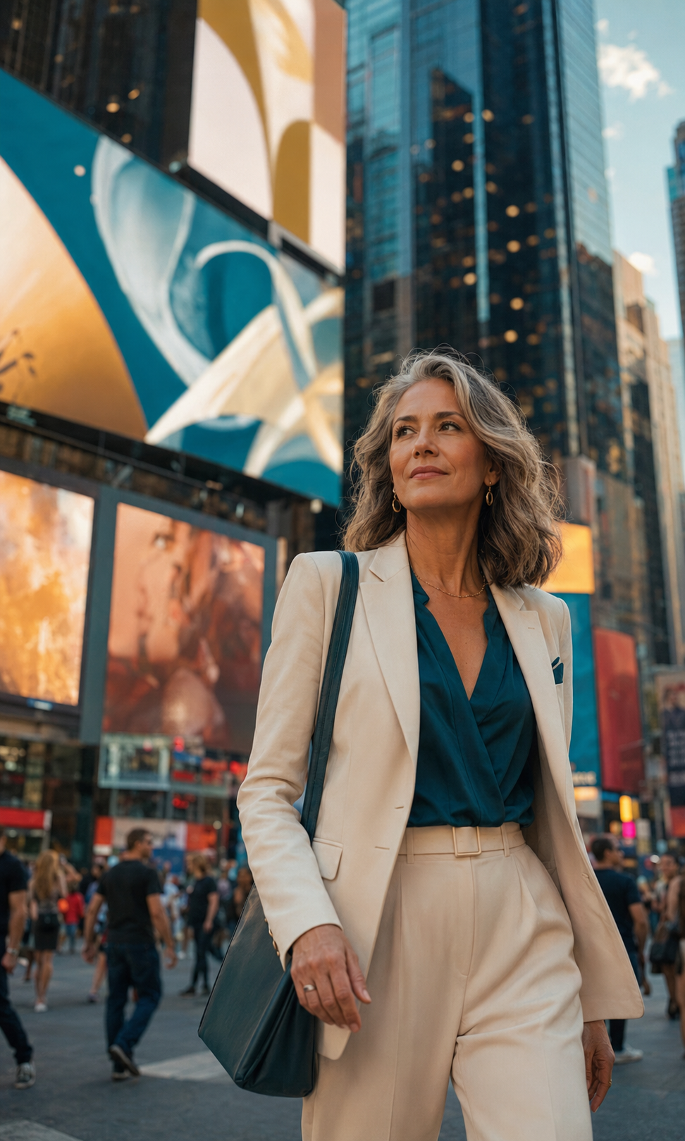 Dirigeante marketing marchant parmi les écrans publicitaires de Times Square