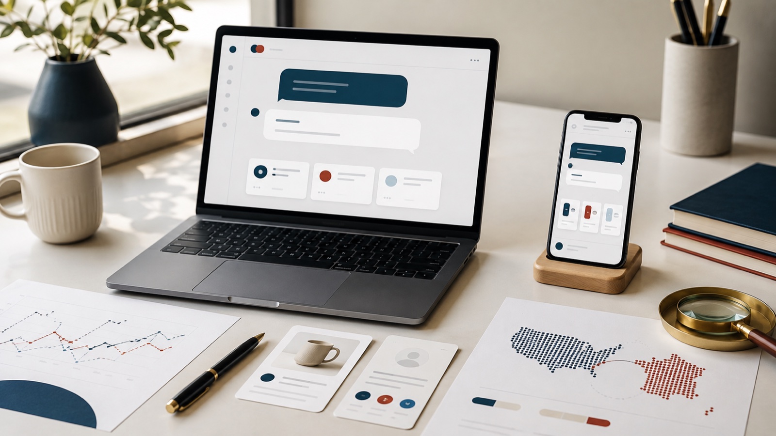 Ordinateur et téléphone montrant des interfaces conversationnelles, entourés de graphiques sur les marchés américain et français