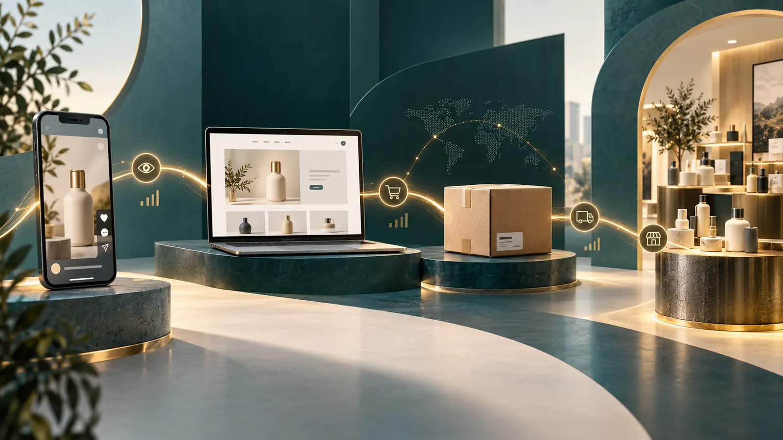 Illustration of a purchase journey connecting a smartphone ad, an e-commerce website, delivery and a physical store